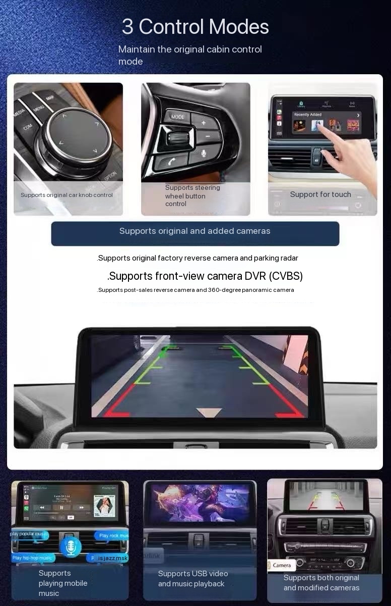 BMW CarPlay screen three control modes iDrive knob steering wheel and touch, with camera support
