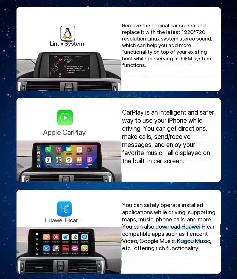 BMW CarPlay screen Linux system Apple CarPlay Android Auto and Huawei HiCar features